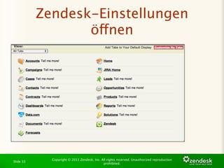 Zendesk-Einstellungen
                  öffnen




             Copyright © 2011 Zendesk, Inc. All rights reserved. Unauthorized reproduction
Slide 33
                                             prohibited.
 
