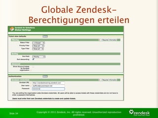 Globale Zendesk-
           Berechtigungen erteilen




            Copyright © 2011 Zendesk, Inc. All rights reserved. Unauthorized reproduction
Slide 34
                                            prohibited.
 