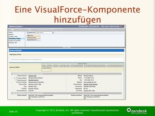 Eine VisualForce-Komponente
              hinzufügen




           Copyright © 2011 Zendesk, Inc. All rights reserved. Unauthorized reproduction
Slide 35
                                           prohibited.
 