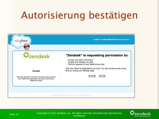 Autorisierung bestätigen




              Copyright © 2011 Zendesk, Inc. All rights reserved. Unauthorized reproduction
Slide 39
                                              prohibited.
 