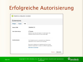 Erfolgreiche Autorisierung




           Copyright © 2011 Zendesk, Inc. All rights reserved. Unauthorized reproduction
Slide 40
                                           prohibited.
 