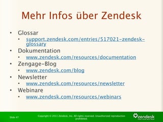 Mehr Infos über Zendesk
•      Glossar
       •   support.zendesk.com/entries/517021-zendesk-
           glossary
•      Dokumentation
       •   www.zendesk.com/resources/documentation
•      Zengage-Blog
       •   www.zendesk.com/blog
•      Newsletter
       •   www.zendesk.com/resources/newsletter
•      Webinare
       •   www.zendesk.com/resources/webinars


               Copyright © 2011 Zendesk, Inc. All rights reserved. Unauthorized reproduction
Slide 47
                                               prohibited.
 
