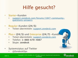 Hilfe gesucht?
•      Starter-Kunden
       •   support.zendesk.com/forums/1847-community-
           questions-answers

•      Regular-Kunden (24/5)
       •   Ticket übermitteln: support.zendesk.com

•      Plus+ (24/5) und Enterprise (24/7) -Kunden
       •   Ticket übermitteln: support.zendesk.com
       •   Telefon: 1-888-670-4887
       •   Skype: zendesk

•      Systemstatus auf Twitter
       •   @ZendeskOps
                Copyright © 2011 Zendesk, Inc. All rights reserved. Unauthorized reproduction
Slide 51
                                                prohibited.
 