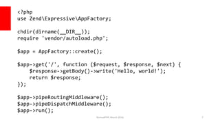NomadPHP, March 2016 7
<?php
use ZendExpressiveAppFactory;
chdir(dirname(__DIR__));
require 'vendor/autoload.php';
$app = AppFactory::create();
$app->get('/', function ($request, $response, $next) {
$response->getBody()->write('Hello, world!');
return $response;
});
$app->pipeRoutingMiddleware();
$app->pipeDispatchMiddleware();
$app->run();
 