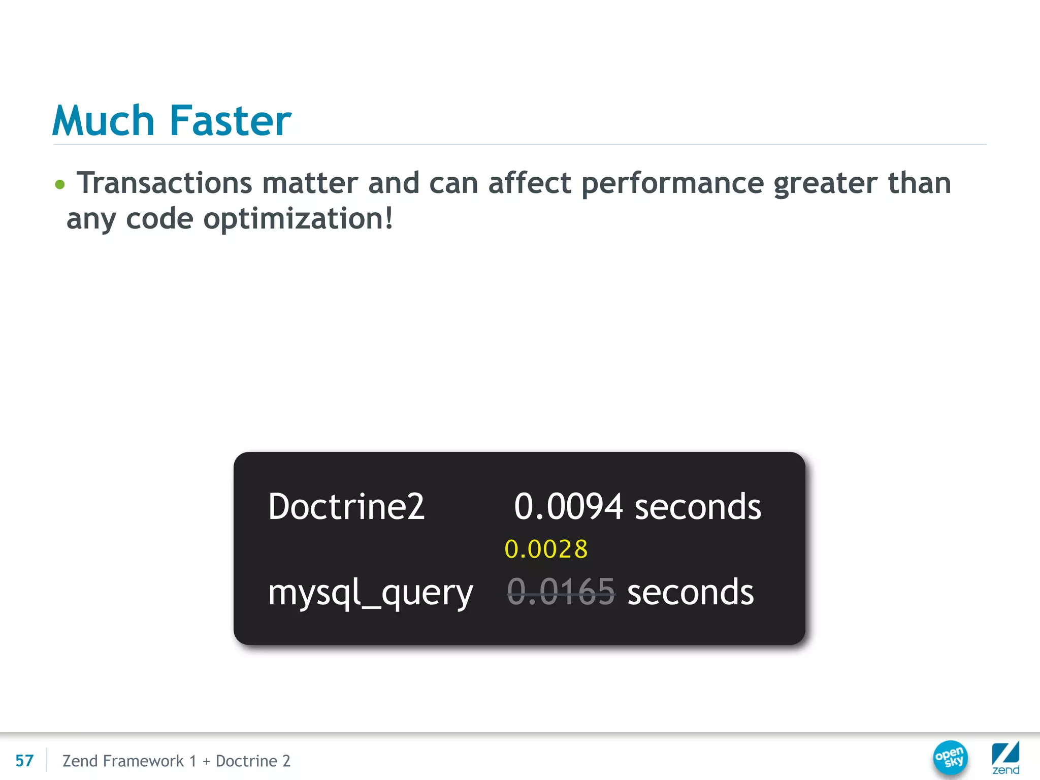 Much Faster
     • Transactions matter and can affect performance greater than
      any code optimization!




                               Doctrine2    0.0094 seconds
                                           0.0028
                               mysql_query 0.0165 seconds



57   Zend Framework 1 + Doctrine 2
 
