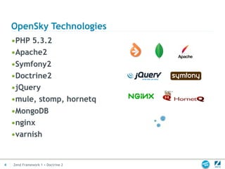 OpenSky Technologies
    •PHP 5.3.2
    •Apache2
    •Symfony2
    •Doctrine2
    •jQuery
    •mule, stomp, hornetq
    •MongoDB
    •nginx
    •varnish


4   Zend Framework 1 + Doctrine 2
 