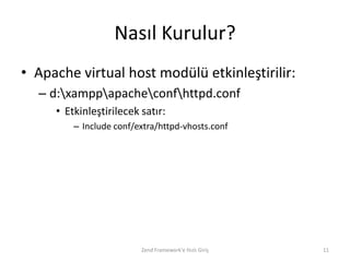 Nasıl Kurulur?
• Apache virtual host modülü etkinleştirilir:
  – d:xamppapacheconfhttpd.conf
     • Etkinleştirilecek satır:
         – Include conf/extra/httpd-vhosts.conf




                         Zend Framework'e Hızlı Giriş   11
 