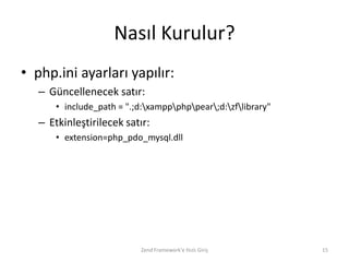 Nasıl Kurulur?
• php.ini ayarları yapılır:
   – Güncellenecek satır:
       • include_path = ".;d:xamppphppear;d:zflibrary"
   – Etkinleştirilecek satır:
       • extension=php_pdo_mysql.dll




                            Zend Framework'e Hızlı Giriş       15
 