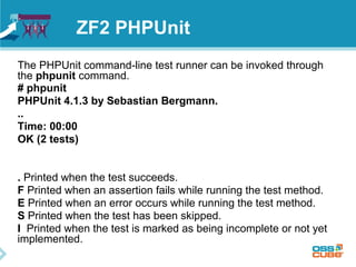 ZF2 PHPUnit 
The PHPUnit command-line test runner can be invoked through 
the phpunit command. 
# phpunit 
PHPUnit 4.1.3 by Sebastian Bergmann. 
.. 
Time: 00:00 
OK (2 tests) 
. Printed when the test succeeds. 
F Printed when an assertion fails while running the test method. 
E Printed when an error occurs while running the test method. 
S Printed when the test has been skipped. 
I Printed when the test is marked as being incomplete or not yet 
implemented. 
 