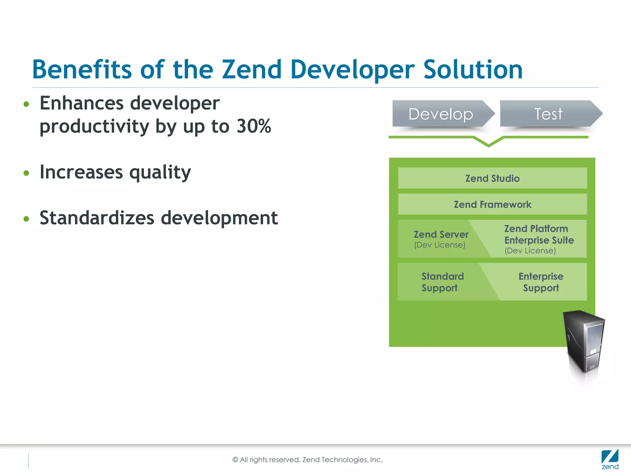 Benefits of the Zend Developer Solution
• Enhances developer
                                                                       Develop                    Test
  productivity by up to 30%

• Increases quality                                                                Zend Studio

                                                                                 Zend Framework
• Standardizes development                                                                Zend Platform
                                                                       Zend Server
                                                                       (Dev License)
                                                                                          Enterprise Suite
                                                                                          (Dev License)


                                                                        Standard             Enterprise
                                                                        Support               Support




                      © All rights reserved. Zend Technologies, Inc.
 