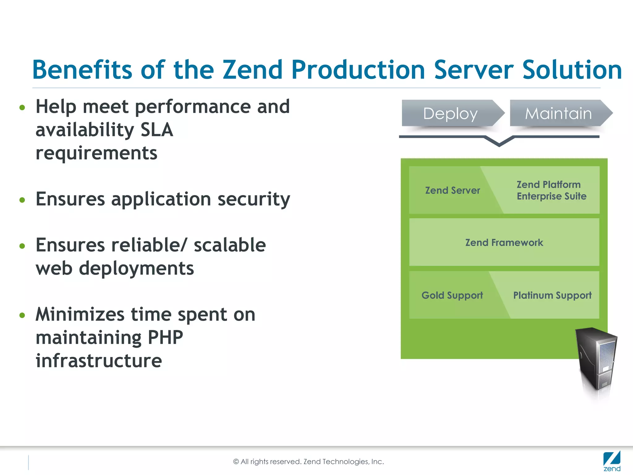 Benefits of the Zend Production Server Solution
• Help meet performance and                                              Deploy            Maintain
  availability SLA
  requirements
                                                                                          Zend Platform
                                                                         Zend Server
• Ensures application security                                                            Enterprise Suite




• Ensures reliable/ scalable                                                     Zend Framework

  web deployments
                                                                         Gold Support    Platinum Support

• Minimizes time spent on
  maintaining PHP
  infrastructure




                        © All rights reserved. Zend Technologies, Inc.
 