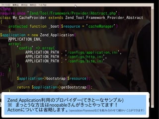 　Zend_Application利用のプロパイダー(てきとーなサンプル)
　※　まっとうな方法はnoopableさんがきっとやってます！
　Actionについては省略します。（specialitiesやpretendなどを組み合わせて細かいことができます）
 