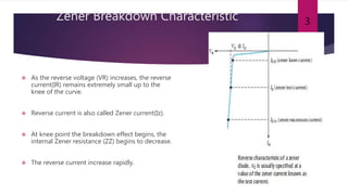 Zener Breakdown Characteristic
 As the reverse voltage (VR) increases, the reverse
current(IR) remains extremely small up to the
knee of the curve.
 Reverse current is also called Zener current(Iz).
 At knee point the breakdown effect begins, the
internal Zener resistance (ZZ) begins to decrease.
 The reverse current increase rapidly.
3
 