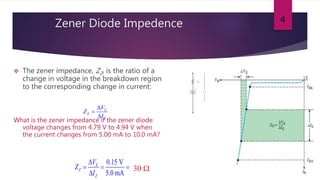 Zener Diode Impedence
 The zener impedance, ZZ, is the ratio of a
change in voltage in the breakdown region
to the corresponding change in current:
What is the zener impedance if the zener diode
voltage changes from 4.79 V to 4.94 V when
the current changes from 5.00 mA to 10.0 mA?
4
ZZ
VZ
–
–
+
+ Practical model
Z
Z
Z
V
Z
I



0.15 V
5.0 mA
Z
Z
Z
V
Z
I

  

30 W
 
