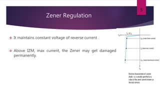 Zener Regulation
 It maintains constant voltage of reverse current .
 Above IZM, max current, the Zener may get damaged
permanently.
5
 