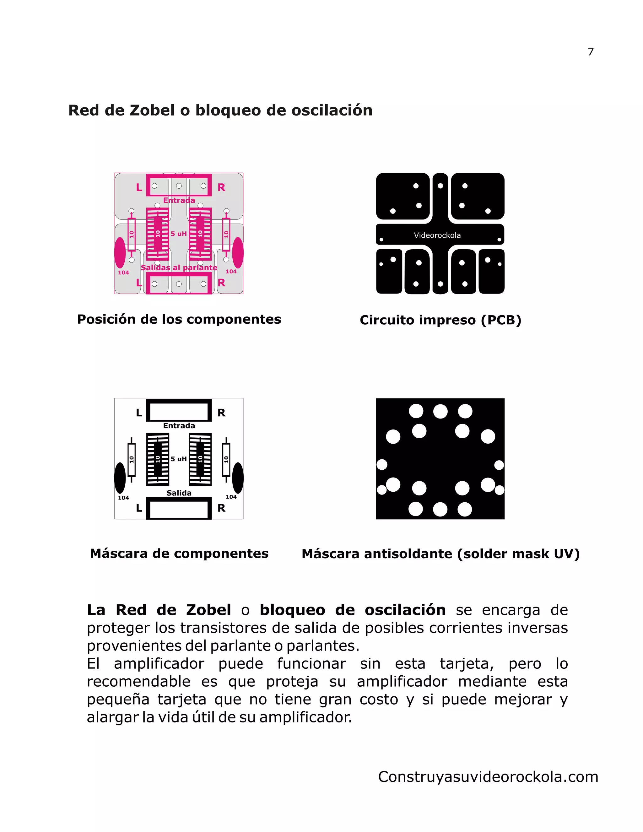 Red de Zobel o bloqueo de oscilación
Máscara de componentes Máscara antisoldante (solder mask UV)
Posición de los componentes Circuito impreso (PCB)
La Red de Zobel o bloqueo de oscilación se encarga de
proteger los transistores de salida de posibles corrientes inversas
provenientes del parlante o parlantes.
El amplificador puede funcionar sin esta tarjeta, pero lo
recomendable es que proteja su amplificador mediante esta
pequeña tarjeta que no tiene gran costo y si puede mejorar y
alargar la vida útil de su amplificador.
7
Construyasuvideorockola.com
10
5 uH
104
10
104
Entrada
Salidas al parlante
L R
L R
10
10
10
5 uH
104
10
104
Entrada
Salida
L R
L R
10
10
 
