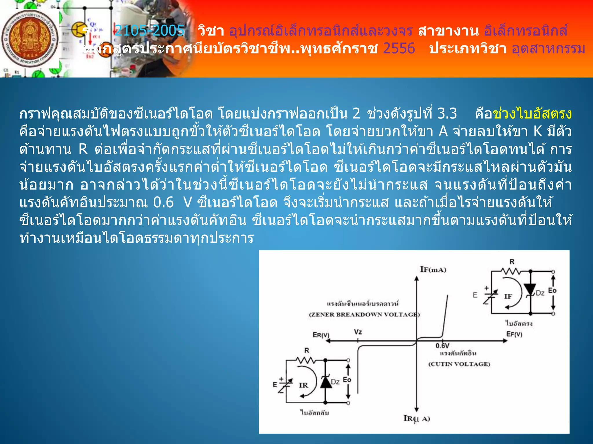 รหัส 2105-2005 วิชา อุปกรณ์อิเล็กทรอนิกส์และวงจร สาขางาน อิเล็กทรอนิกส์
หลักสูตรประกาศนียบัตรวิชาชีพ..พุทธศักราช 2556 ประเภทวิชา อุตสาหกรรม
กราฟคุณสมบัติของซีเนอร์ไดโอด โดยแบ่งกราฟออกเป็น 2 ช่วงดังรูปที่ 3.3 คือช่วงไบอัสตรง
คือจ่ายแรงดันไฟตรงแบบถูกขั้วให ้ตัวซีเนอร์ไดโอด โดยจ่ายบวกให ้ขา A จ่ายลบให ้ขา K มีตัว
ต ้านทาน R ต่อเพื่อจากัดกระแสที่ผ่านซีเนอร์ไดโอดไม่ให ้เกินกว่าค่าซีเนอร์ไดโอดทนได ้ การ
จ่ายแรงดันไบอัสตรงครั้งแรกค่าต่าให ้ซีเนอร์ไดโอด ซีเนอร์ไดโอดจะมีกระแสไหลผ่านตัวมัน
น้อยมาก อาจกล่าวได ้ว่าในช่วงนี้ซีเนอร์ไดโอดจะยังไม่นากระแส จนแรงดันที่ป้อนถึงค่า
แรงดันคัทอินประมาณ 0.6 V ซีเนอร์ไดโอด จึงจะเริ่มนากระแส และถ ้าเมื่อไรจ่ายแรงดันให ้
ซีเนอร์ไดโอดมากกว่าค่าแรงดันคัทอิน ซีเนอร์ไดโอดจะนากระแสมากขึ้นตามแรงดันที่ป้อนให ้
ทางานเหมือนไดโอดธรรมดาทุกประการ
 