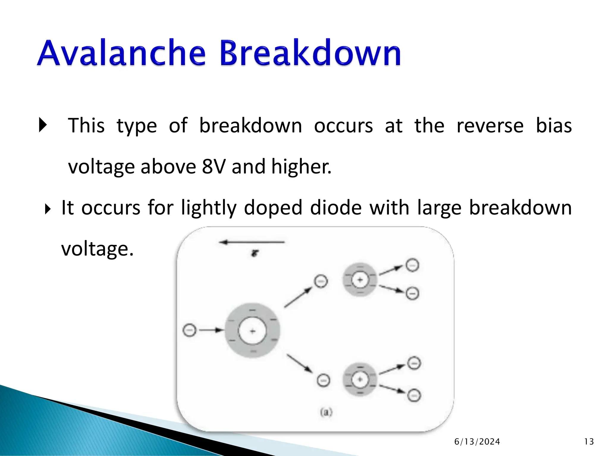  This type of breakdown occurs at the reverse bias
voltage above 8V and higher.
 It occurs for lightly doped diode with large breakdown
voltage.
6/13/2024 13
 
