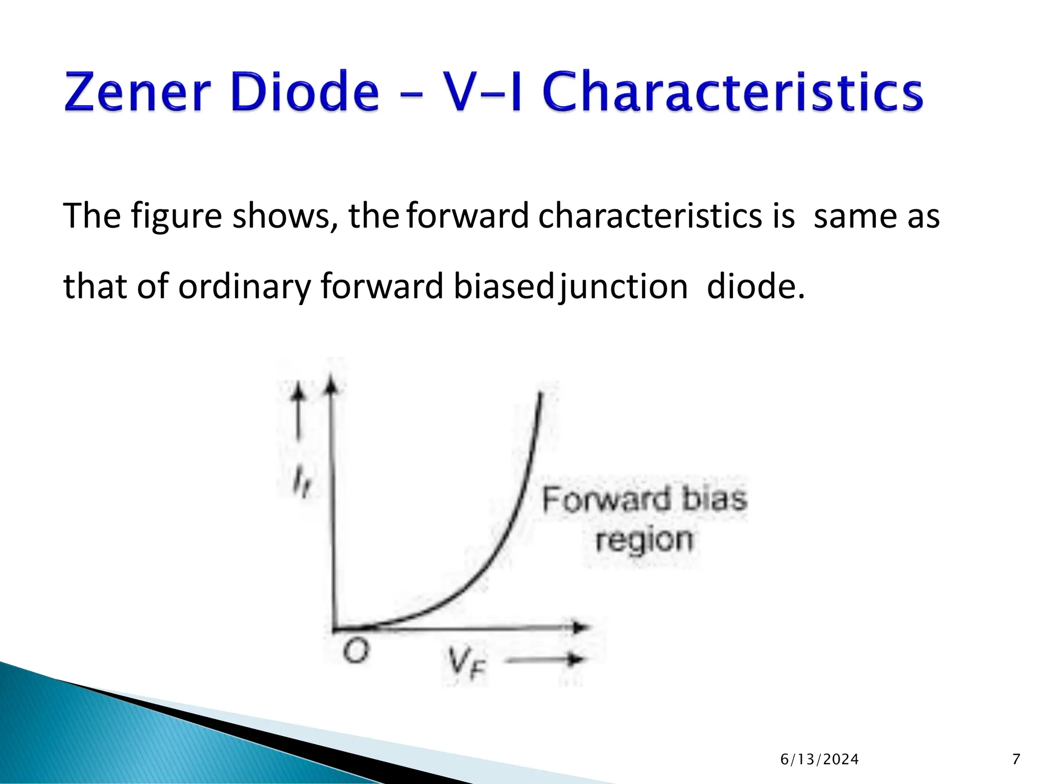 The figure shows, theforward characteristics is same as
that of ordinary forward biasedjunction diode.
6/13/2024 7
 