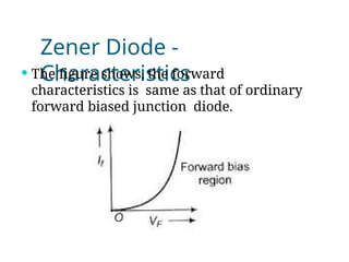 Zener Diode -
Characteristics
 The figure shows, the forward
characteristics is same as that of ordinary
forward biased junction diode.
 