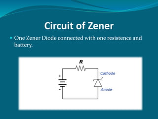 Circuit of Zener
 One Zener Diode connected with one resistence and
battery.
 