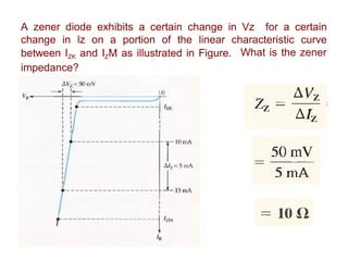 A zener diode exhibits a certain change in Vz for a certain
change in lz on a portion of the linear characteristic curve
between IZK and IZM as illustrated in Figure.
impedance?
What is the zener
 