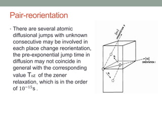 Pair-reorientation
? There are several atomic
diffusional jumps with unknown
consecutive may be involved in
each place change reorientation,
the pre-exponential jump time in
diffusion may not coincide in
general with the corresponding
value Toz of the zener
relaxation, which is in the order
of 10?15
s .
 