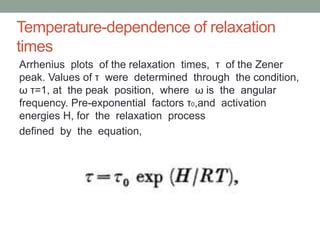 Temperature-dependence of relaxation
times
Arrhenius plots of the relaxation times,  of the Zener
peak. Values of  were determined through the condition,
 =1, at the peak position, where  is the angular
frequency. Pre-exponential factors 0,and activation
energies H, for the relaxation process
defined by the equation,
 