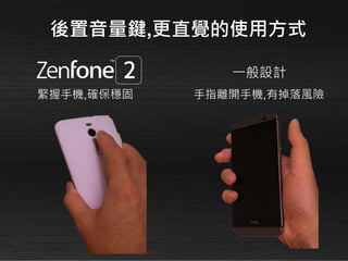 一般設計
後置音量鍵,更直覺的使用方式
手指離開手機,有掉落風險緊握手機,確保穩固
 