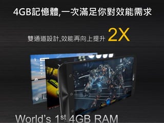 雙通道設計,效能再向上提升 2X
4GB記憶體,一次滿足你對效能需求
 