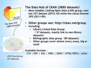 The Data Hub of CKAN (3880 datasets）
                  • Most notable: Linking Open Data (LOD) group, now
                ...