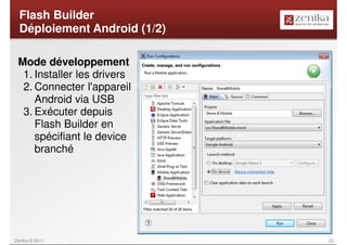 Flash Builder
  Déploiement Android (1/2)

 Mode développement
  1. Installer les drivers
  2. Connecter l'appareil
     Android via USB
  3. Exécuter depuis
     Flash Builder en
     spécifiant le device
     branché




Zenika © 2011                 23
 