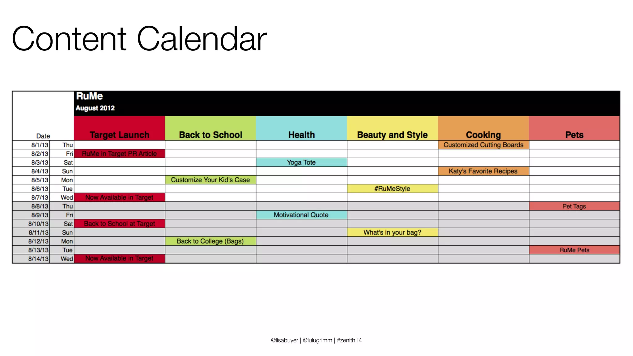 Conﬁdential and Proprietary space150 ©2013
Content Calendar
@lisabuyer | @lulugrimm | #zenith14
 