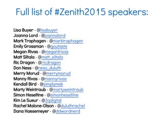 Full list of #Zenith2015 speakers:
Lisa Buyer - @lisabuyer
Joanna Lord - @joannalord
Mark Traphagen - @marktraphagen
Emily Grossman - @goutaste
Megan Rivas - @meganlrivas
Matt Siltala - @matt_siltala
Ric Dragon - @ricdragon
Don Ness - @ness_duluth
Merry Morud - @merrymorud
Manny Rivas - @mannyrivas
Kendall Bird - @simplymek
Marty Weintraub - @martyweintraub
Simon Heseltine - @simonheseltine
Kim Le Sueur - @3qdigital
Rachel Malone-Olson - @duluthrachel
Dana Haesemeyer - @ddwordnerd
 