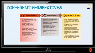 DIFFERENT PERSPECTIVES
• As seen from the graph, HDTV
demand would be similar to the
Color TV demand
• Available content is in 4:3
format. To make content
available in 16:9 will be a
challenge.
• Adoption time required for
studios and production houses to
produce content in 16:9
• Manufacturing cost will be
increased by $300, to maintain
the margin this cost is
transferred to the customer.
Customers need to spend more
to buy HDTV
• Demand for HDTV will follow
the multi set pattern.
• Adaptation of HDTV standards
delayed by the FCC
• For the same size of TV,
consumer has to pay more in
order to buy 16:9 HDTV.
• Studios and production houses
take time in upgrading to HDTV
format.
• Venturing into a newer product
would incur high cost
• HDTV standards are adapted
well in advance by the FCC, and
thus they pass HDTV standard
by 1992.
• VCR trend will be followed by
HDTV Demand
• Consumers perceive it as a
replacement product rather
than a technological innovation
• Consumers are willing to pay
the extra $s in order to but the
HDTV.
• studios and production houses
readily upgrade their technology
to suit the HDTV format
MOST LIKELY PESSIMISTIC OPTIMISTIC
 