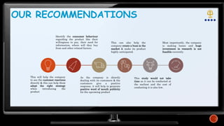 Identify the consumer behaviour
regarding the product like their
willingness to pay, their need for
information, where will they buy
from and other related factors.
As the company is directly
dealing with its customers & the
customers give a positive
response, it will help to generate
positive word of mouth publicity
for the upcoming product
This can also help the
company create a buzz in the
market & make its product
highly anticipated.
This study would not take
time as it can be conducted at
the earliest and the cost of
conducting it is also low.
Most importantly, the company
is making losses and huge
investment in research is not
feasible currently.
OUR RECOMMENDATIONS
This will help the company
to see the customer reactions
directly & this can help them
adopt the right strategy
when introducing the
product
 