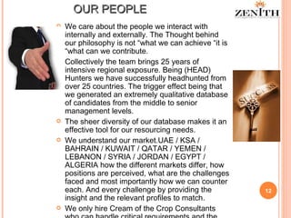 OUR PEOPLE We care about the people we interact with internally and externally. The Thought behind our philosophy is not “what we can achieve “it is “what can we contribute. Collectively the team brings 25 years of intensive regional exposure. Being (HEAD) Hunters we have successfully headhunted from over 25 countries. The trigger effect being that we generated an extremely qualitative database of candidates from the middle to senior management levels. The sheer diversity of our database makes it an effective tool for our resourcing needs. We understand our market.UAE / KSA / BAHRAIN / KUWAIT / QATAR / YEMEN / LEBANON / SYRIA / JORDAN / EGYPT / ALGERIA how the different markets differ, how positions are perceived, what are the challenges faced and most importantly how we can counter each. And every challenge by providing the insight and the relevant profiles to match. We only hire Cream of the Crop Consultants who can handle critical requirements and the hustle and bustle  of recruitment business. 