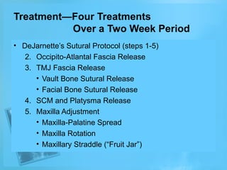Treatment—Four Treatments
Over a Two Week Period
• DeJarnette’s Sutural Protocol (steps 1-5)
2. Occipito-Atlantal Fascia Release
3. TMJ Fascia Release
• Vault Bone Sutural Release
• Facial Bone Sutural Release
4. SCM and Platysma Release
5. Maxilla Adjustment
• Maxilla-Palatine Spread
• Maxilla Rotation
• Maxillary Straddle (“Fruit Jar”)

 