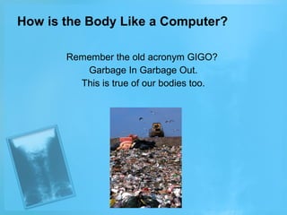 How is the Body Like a Computer?
Remember the old acronym GIGO?
Garbage In Garbage Out.
This is true of our bodies too.

 