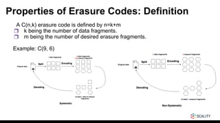 Properties of Erasure Codes: Definition
A C(n,k) erasure code is defined by n=k+m
❒ k being the number of data fragments.
❒ m being the number of desired erasure fragments.
Example: C(9, 6)
 