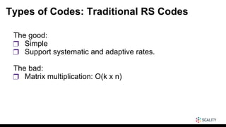 Types of Codes: Traditional RS Codes
The good:
❒ Simple
❒ Support systematic and adaptive rates.
The bad:
❒ Matrix multiplication: O(k x n)
 