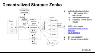 Decentralized Storage: Zenko
QuadIron
❏ Multi-cloud data controller
❏ 1 API endpoint S3
compatible
❏ Native cloud storage
❏ Metadata search across
clouds
❏ 100% open source
❏ github.com/scality/zenko
❏ zenko.io
❏ forum.zenko.io
❏ Give us feedback !
❏ Try the sandbox on Orbit !
S3 API
Wasabi,
Digital
Ocean, etc
 
