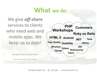 What we do:
We give off-shore
services to clients                                 PHP Customers
who need web and                               Workshops
                                                                      Ruby on Rails
 mobile apps. We                            HTML 5 Android
                                                           .NET                 Tests

 keep up to date!                          High Quality
                                                          Usability         JQuery
                                             Off-shore               iOS
                                                       Python
                                                 Django       Outsourcing
                                                            Talent
  ”..we work hard and play hard..”

    Juan Carlos Condori , RoR Developer




                          info@zenlabs.net @_zenlabs      www.zenlabs.net
 