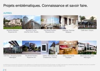 10
Projets emblématiques. Connaissance et savoir faire.
AUTRES
Les références qui se montrent dans ce document sont des installations où on a installé des produits Zennio et se fait à titre d’exemple. Les images ont été obtenues sur Internet et sont publiques. Cependant, dans le cas où le propriétaire
d’une ouvre référencé ne désire pas d’apparaitre sur ce document, Zennio procédera à l’éliminer, sous demande au préalable à l’adresse mail info@zennio.com.
Citti Park - Shopping Centre.
Allemagne.
Universidad de la Rioja.
Espagne.
Caffe Nero. Chypre. Salles Club Renfe.
Espagne.
Edifice ville fortifiée de
Chateauroux. France.
Business Centre,
Usad’ba Centr. Russie.
The Bristol Pavilion.
Royaume-Uni.
Wellness Thermae.
Belgique.
Woodrow Mansion.
Royaume-Uni.
Presidential Palace Abu Dhabi.
Émirats Arabes Unis.
 