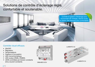 11
LUMENTO C4
LUMENTO C3
DIMinBOX 2CH
Contrôle visuel efficace.
•	 ON/OFF.
•	 Régulation.
•	 Temporisateurs.
•	 Capteurs d’occupation.
•	 LED monochromatique.
•	 LED couleur (RGB y RGBW).
•	 LEDS contrôlées par tension constante
et/ou courant constante.
Solutions de contrôle d’éclairage réglé,
confortable et soutenable.
Contrôle et gestion d’éclairage pour
économiser de l’énergie, réduire couts,
et obtenir des espaces plus confortables.
 