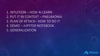 1. INTUITION – HOW AI LEARN
2. PUT IT IN CONTEXT – PNEUMONIA
3. PLAN OF ATTACK– HOW TO DO IT
4. DEMO – JUPYTER NOTEBOOK
5. GENERALIZATION
 