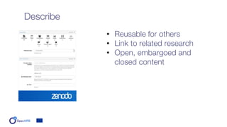 Describe
• Reusable for others
• Link to related research
• Open, embargoed and
closed content
 