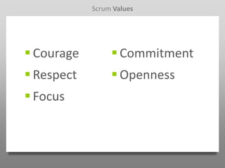 Scrum Values




 Courage         Commitment
 Respect         Openness
 Focus
 