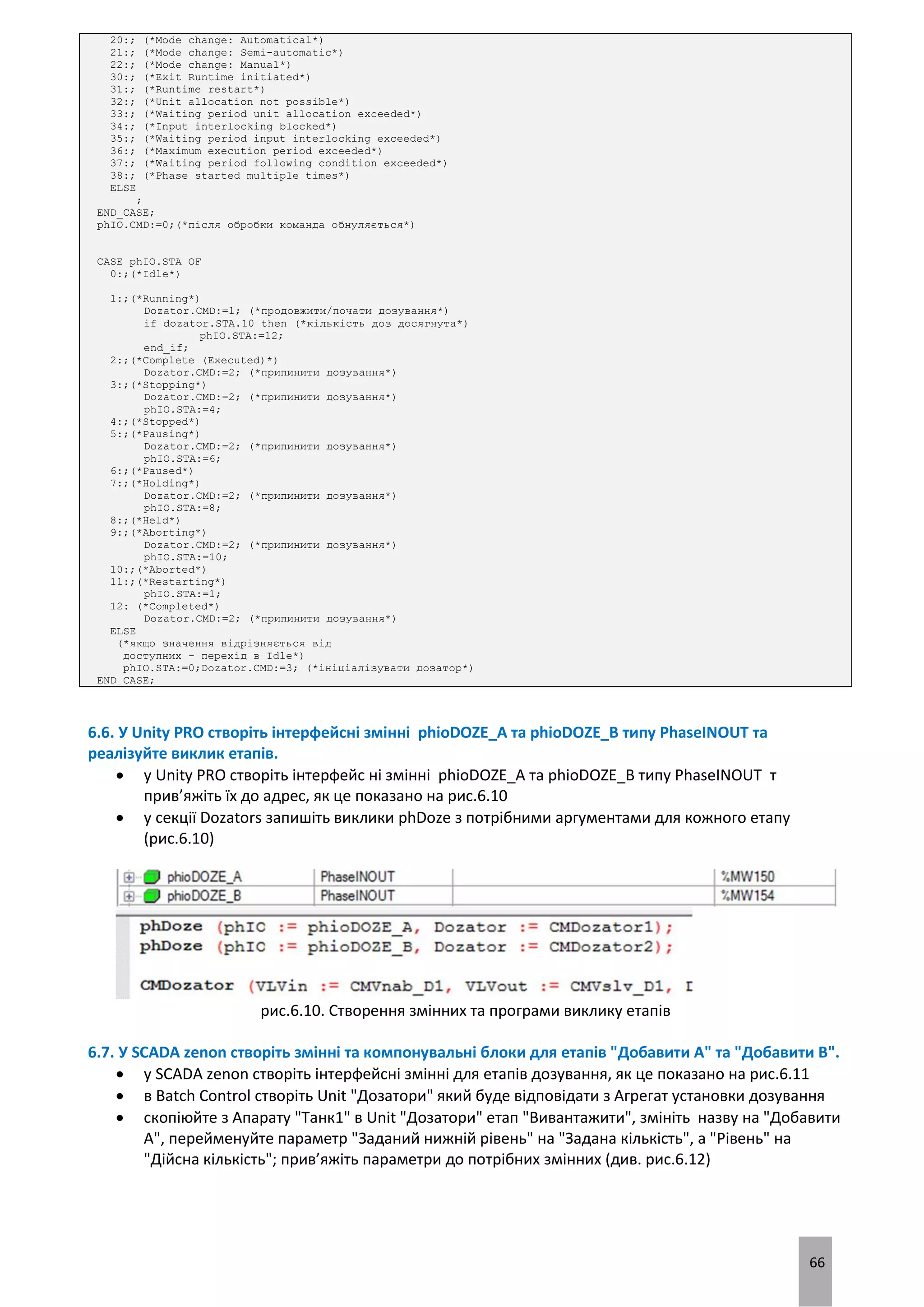 66
20:; (*Mode change: Automatical*)
21:; (*Mode change: Semi-automatic*)
22:; (*Mode change: Manual*)
30:; (*Exit Runtime initiated*)
31:; (*Runtime restart*)
32:; (*Unit allocation not possible*)
33:; (*Waiting period unit allocation exceeded*)
34:; (*Input interlocking blocked*)
35:; (*Waiting period input interlocking exceeded*)
36:; (*Maximum execution period exceeded*)
37:; (*Waiting period following condition exceeded*)
38:; (*Phase started multiple times*)
ELSE
;
END_CASE;
phIO.CMD:=0;(*після обробки команда обнуляється*)
CASE phIO.STA OF
0:;(*Idle*)
1:;(*Running*)
Dozator.CMD:=1; (*продовжити/почати дозування*)
if dozator.STA.10 then (*кількість доз досягнута*)
phIO.STA:=12;
end_if;
2:;(*Complete (Executed)*)
Dozator.CMD:=2; (*припинити дозування*)
3:;(*Stopping*)
Dozator.CMD:=2; (*припинити дозування*)
phIO.STA:=4;
4:;(*Stopped*)
5:;(*Pausing*)
Dozator.CMD:=2; (*припинити дозування*)
phIO.STA:=6;
6:;(*Paused*)
7:;(*Holding*)
Dozator.CMD:=2; (*припинити дозування*)
phIO.STA:=8;
8:;(*Held*)
9:;(*Aborting*)
Dozator.CMD:=2; (*припинити дозування*)
phIO.STA:=10;
10:;(*Aborted*)
11:;(*Restarting*)
phIO.STA:=1;
12: (*Completed*)
Dozator.CMD:=2; (*припинити дозування*)
ELSE
(*якщо значення відрізняється від
доступних - перехід в Idle*)
phIO.STA:=0;Dozator.CMD:=3; (*ініціалізувати дозатор*)
END_CASE;
6.6. У Unity PRO створіть інтерфейсні змінні phioDOZE_A та phioDOZE_B типу PhaseINOUT та
реалізуйте виклик етапів.
 у Unity PRO створіть інтерфейс ні змінні phioDOZE_A та phioDOZE_B типу PhaseINOUT т
прив’яжіть їх до адрес, як це показано на рис.6.10
 у секції Dozators запишіть виклики phDoze з потрібними аргументами для кожного етапу
(рис.6.10)
рис.6.10. Створення змінних та програми виклику етапів
6.7. У SCADA zenon створіть змінні та компонувальні блоки для етапів "Добавити А" та "Добавити B".
 у SCADA zenon створіть інтерфейсні змінні для етапів дозування, як це показано на рис.6.11
 в Batch Control створіть Unit "Дозатори" який буде відповідати з Агрегат установки дозування
 скопіюйте з Апарату "Танк1" в Unit "Дозатори" етап "Вивантажити", змініть назву на "Добавити
А", перейменуйте параметр "Заданий нижній рівень" на "Задана кількість", а "Рівень" на
"Дійсна кількість"; прив’яжіть параметри до потрібних змінних (див. рис.6.12)
 