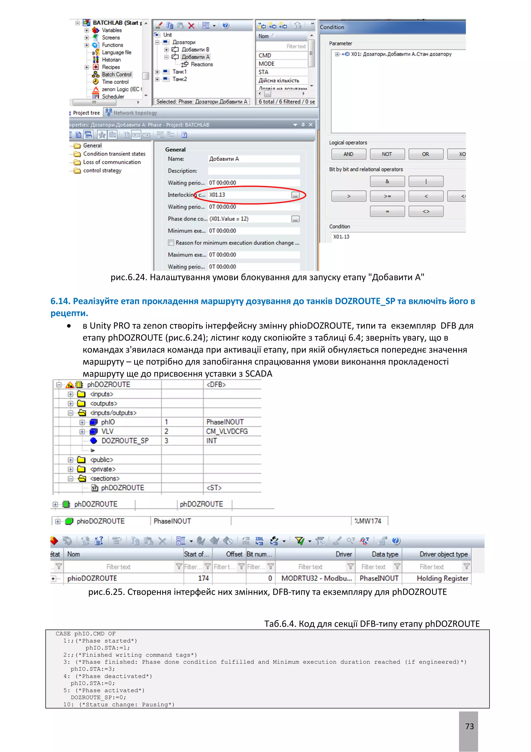 73
рис.6.24. Налаштування умови блокування для запуску етапу "Добавити А"
6.14. Реалізуйте етап прокладення маршруту дозування до танків DOZROUTE_SP та включіть його в
рецепти.
 в Unity PRO та zenon створіть інтерфейсну змінну phioDOZROUTE, типи та екземпляр DFB для
етапу phDOZROUTE (рис.6.24); лістинг коду скопіюйте з таблиці 6.4; зверніть увагу, що в
командах з'явилася команда при активації етапу, при якій обнуляється попереднє значення
маршруту – це потрібно для запобігання спрацювання умови виконання прокладеності
маршруту ще до присвоєння уставки з SCADA
рис.6.25. Створення інтерфейс них змінних, DFB-типу та екземпляру для phDOZROUTE
Таб.6.4. Код для секції DFB-типу етапу phDOZROUTE
CASE phIO.CMD OF
1:;(*Phase started*)
phIO.STA:=1;
2:;(*Finished writing command tags*)
3: (*Phase finished: Phase done condition fulfilled and Minimum execution duration reached (if engineered)*)
phIO.STA:=3;
4: (*Phase deactivated*)
phIO.STA:=0;
5: (*Phase activated*)
DOZROUTE_SP:=0;
10: (*Status change: Pausing*)
 